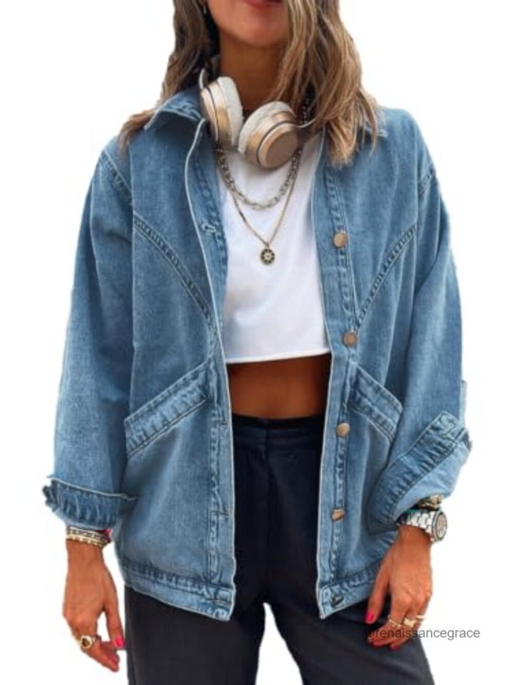 Oversized Button Down Denim Jacket Long Sleeve Pockets Cotton